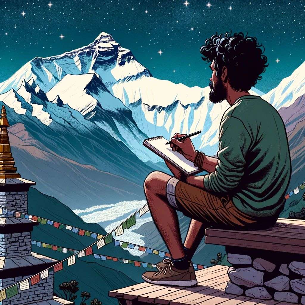 someone gazing at Mount Everest, digital art, infinity